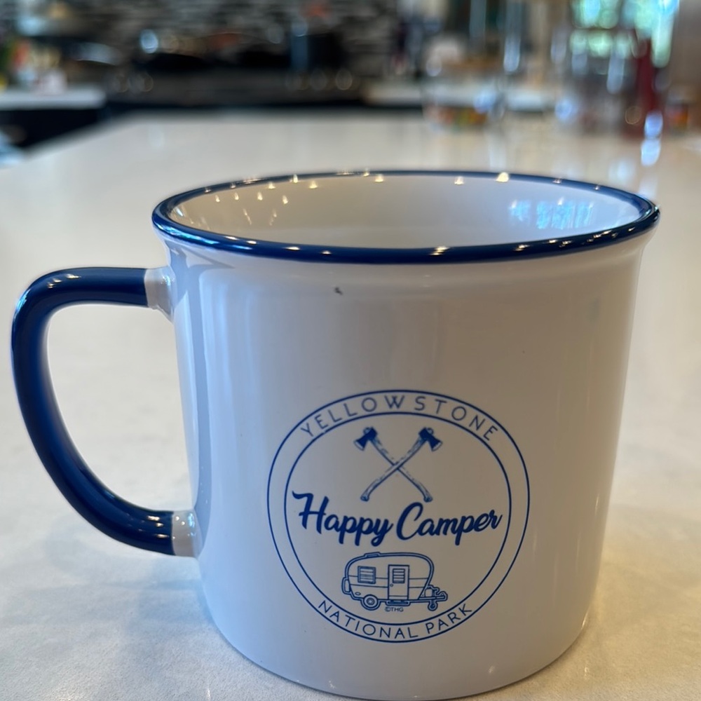 Happy Camper Yellowstone national park new White Blue Mug  ceramic look vintage.